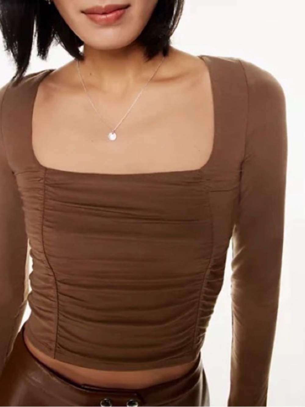 Aritzia Wilfred Chocolate Brown Ruched Square-Neck Long Sleeve Top